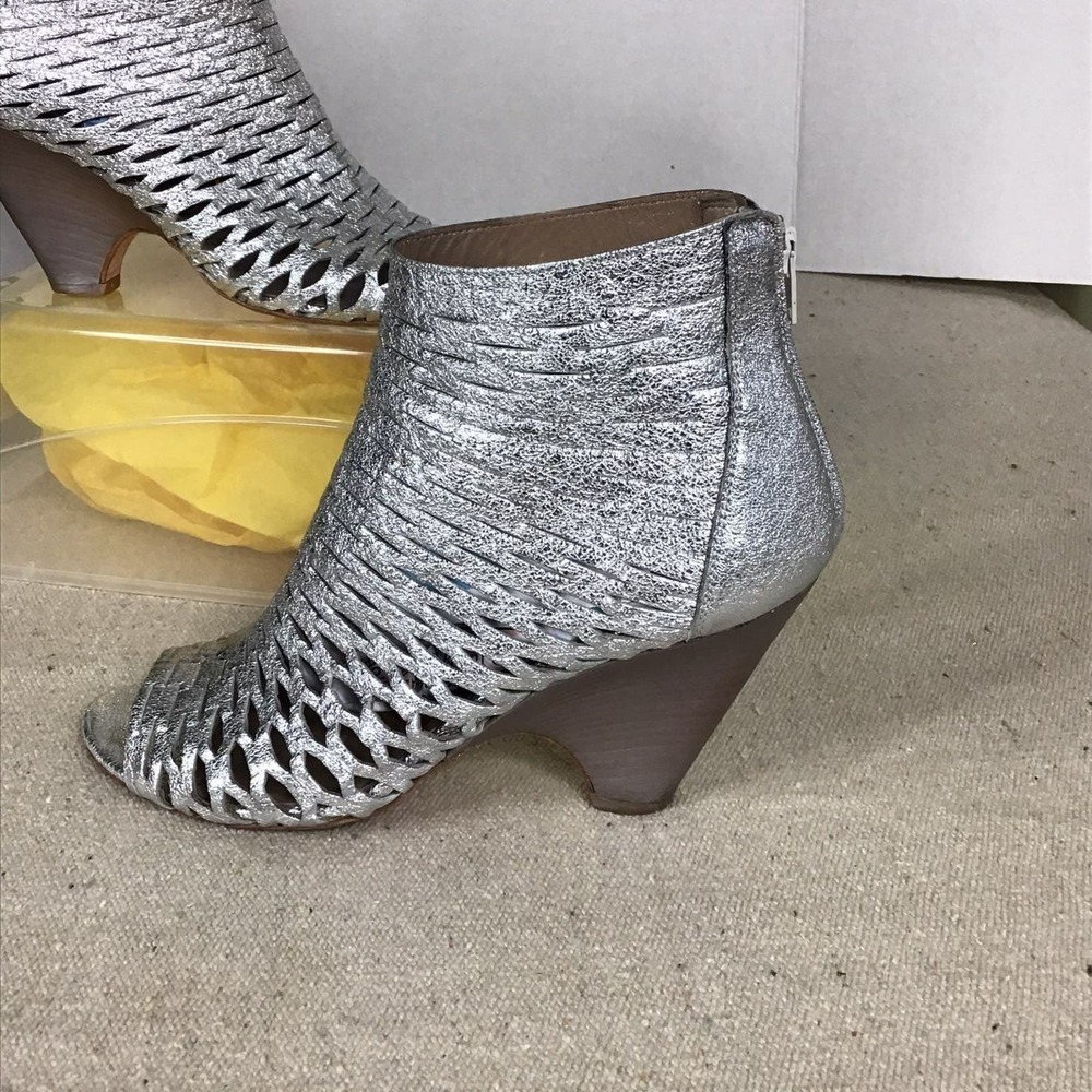 Strategia Metallic Silver Perforated Leather Open Toe Cone Heel Booties 38 8US
